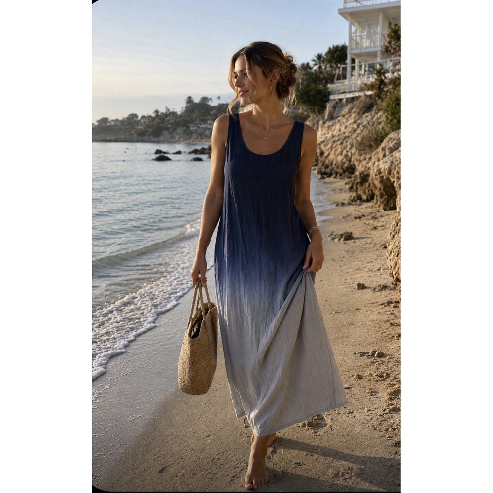Elena Baldi Blue Ombré Silk Blend Maxi Dress Boho Medium
